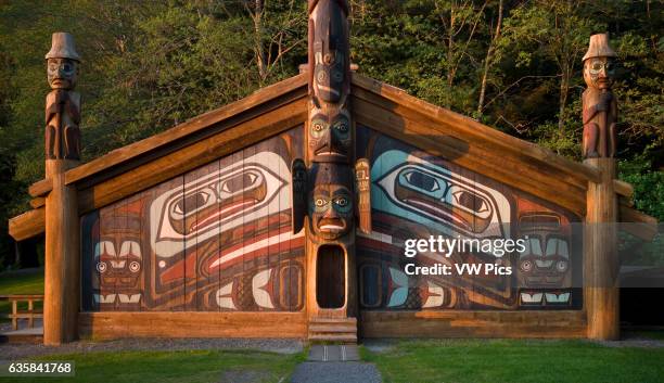 Clan House and totem poles at Totem Bight State Historical Park, Ketchikan, Alaska.