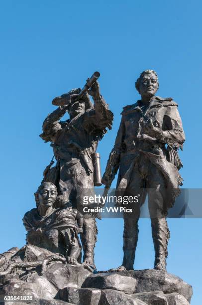 William Clark, Meriwether Lewis and Sacagawea portrayed in the bronze statue 'Montana Memorial' by sculptor Bob Scriver, located in the waterfront...
