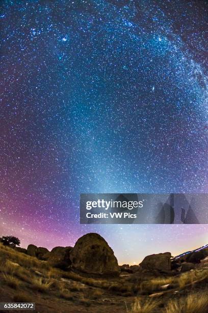 Scene looking west on January 16, 2015 but with a field stretching up to and beyond the zenith overhead, taking in the Zodiacal Light stretching up...