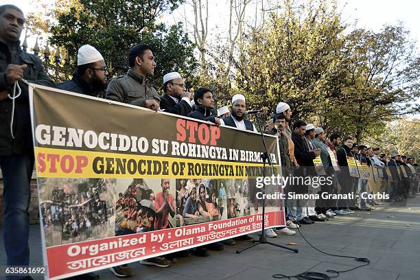 Muslims protest in Piazza Vittorio against the Government of Myanmar and alleged human rights atrocities against Rohingya minorities on December 16,...