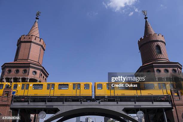 Oberbaumbridge in berlin with light installation "Rock, Paper, Scissors“ by Thorsten Goldberg.