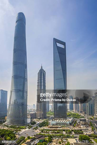 China, Shanghai City, Pudong District, Lujiazui, World Financial Center, Jinmao building, and Shanghai Tower.