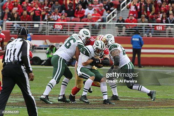 Linebacker Aaron Lynch of the San Francisco 49ers has a sack against the New York Jets at Levi's Stadium on December 11, 2016 in Santa Clara,...