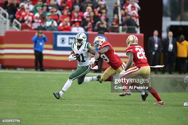 Wide Receiver Quincy Enunwa of the New York Jets has a long gain against the San Francisco 49ers at Levi's Stadium on December 11, 2016 in Santa...