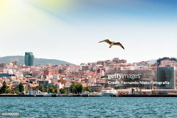 coastline of the spanish city of vigo seen from the sea - pontevedra province ストックフォトと画像