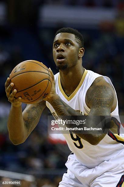 Terrence Jones of the New Orleans Pelicans shoots a foul shot during the first half against the Indiana Pacers at the Smoothie King Center on...
