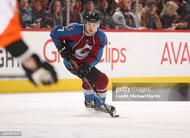 John Mitchell of the Colorado Avalanche skates against the Philadelphia Flyers at the Pepsi Center on December 14, 2016 in Denver, Colorado.