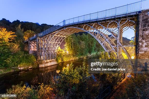 blue hour, ironbridge, shropshire, england - eisenbrücke stock-fotos und bilder