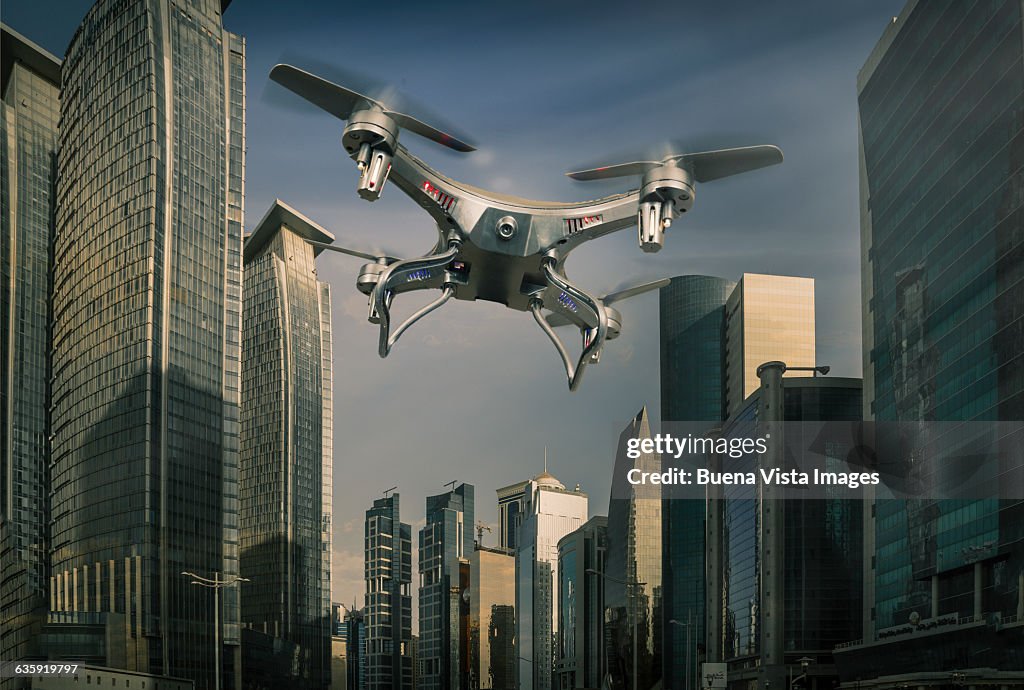 Drone flying over a futuristic city