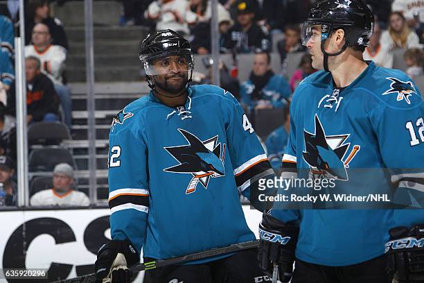 Joel Ward of the San Jose Sharks looks on during the game against the Carolina Hurricanes at SAP Center on December 10, 2016 in San Jose, California.