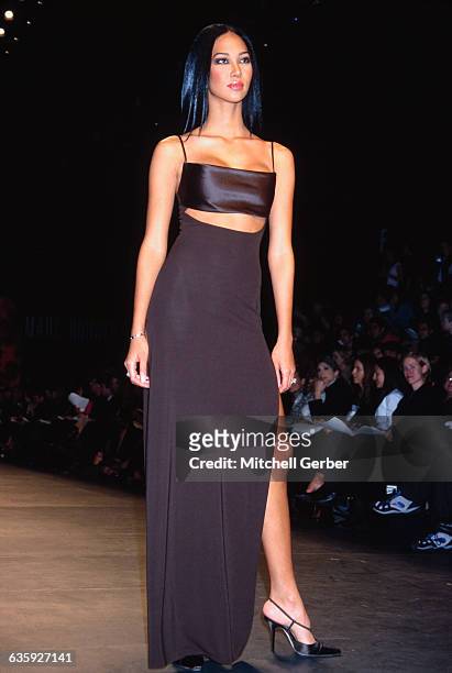 Model Kimora Lee, wife of Russell Simmons, on the runway premiering the Fall 1999 collection from Marc Bouwer at Bryant Park.