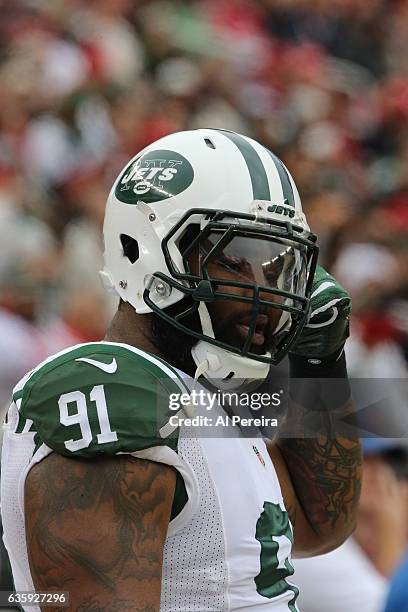 Defensive Lineman Sheldon Richardson of the New York Jets follows the action against the San Francisco 49ers at Levi's Stadium on December 11, 2016...