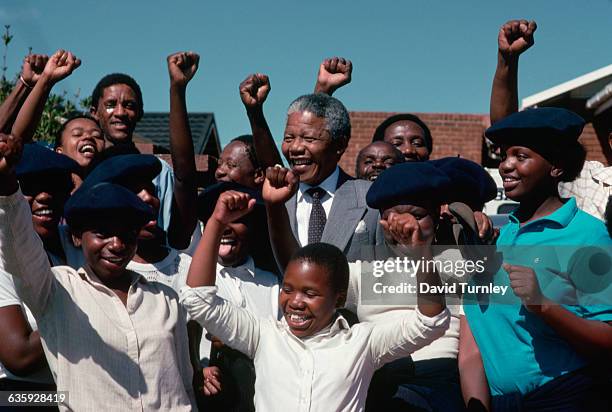 Nelson Mandela with Cheering Girls