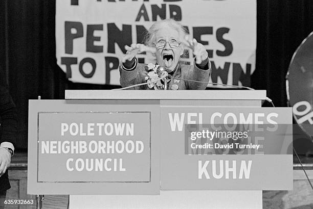 Gray Panthers' founder Maggie Kuhn gestures and screams during her address to the Poletown Neighborhood Council.