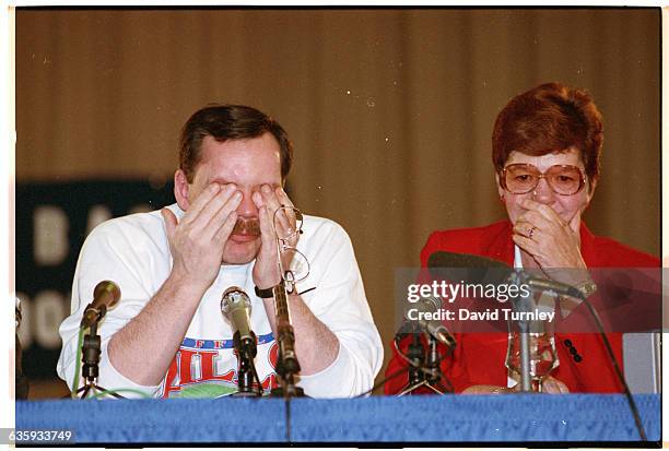 An emotional Terry Anderson wipes tears from his eyes at a press conference. Anderson was held hostage by a Lebanese terrorist organization for...