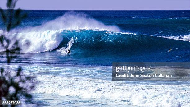 winter surfing at the pipeline - haleiwa fotografías e imágenes de stock