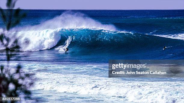winter surfing at the pipeline - haleiwa imagens e fotografias de stock