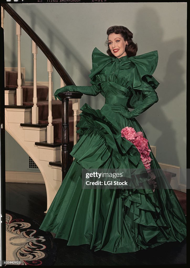 Loretta Young in Green Taffeta Dress