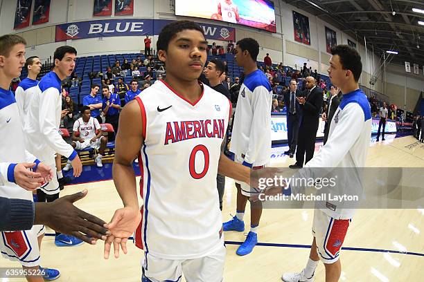 Sa'eed Nelson of the American University Eagles is introduced before a college basketball game against the Youngstown State Penguins at Bender Arena...