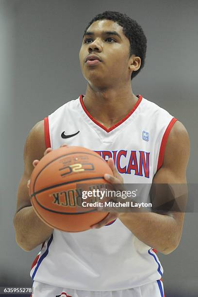 Sa'eed Nelson of the American University Eagles takes a foul shot during a college basketball game against the Youngstown State Penguins at Bender...