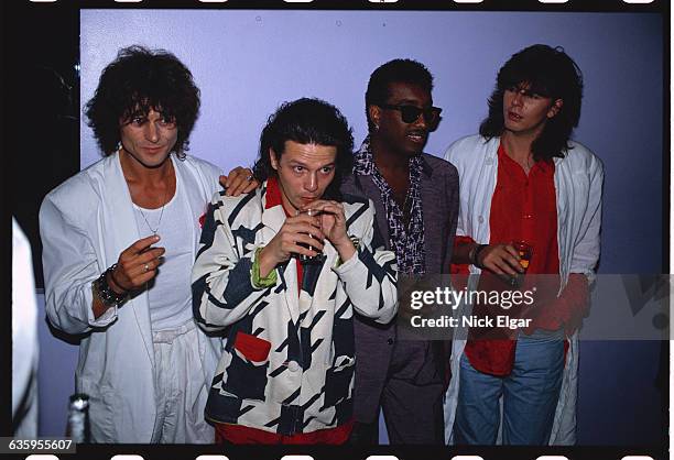 The touring members of rock band The Power Station : Michael Des Barres, Andy Taylor, Tony Thompson, and John Taylor.