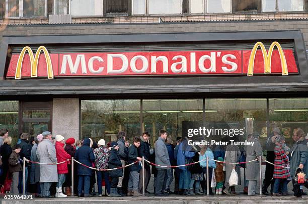 Queue of Soviets wait to enter a newly opened McDonald's on Gorky Street in Moscow in 1990.