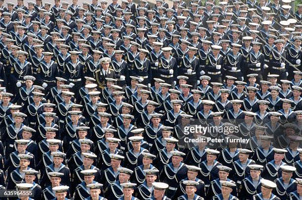 Sailors parade during the celebrations for the 50th anniversary of V-E Day in the USSR.