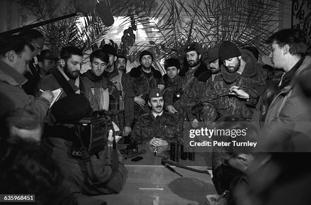 Dudayev addresses the Chechnyan media in January of 1995 during the Russian-Chechen war. Only five months prior to this photo, Dudayev had...