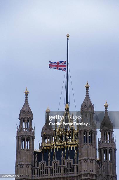 The British flag flies at half-mast on the day of Princess Diana's funeral to signify a day of national mourning, 6th |September 1997. Diana,...