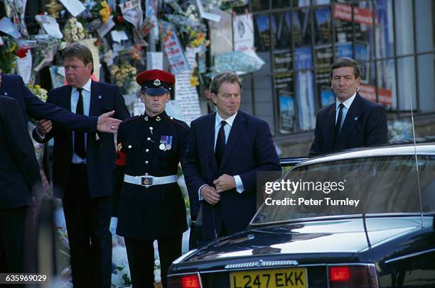 British Prime Minister Tony Blair gets out of an automobile at the funeral of Diana, Princess of Wales, only seven days after she was killed in an...