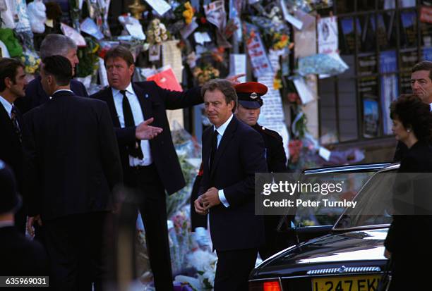 British Prime Minister Tony Blair and his wife Cherie arrive at the funeral of Diana, Princess of Wales, only seven days after she was killed in an...