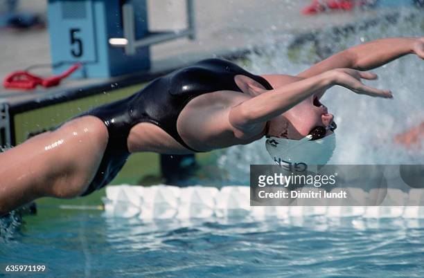 German swimmer Dagmar Hase leaps from the block in a backstroke race in the 1991 European Championships.