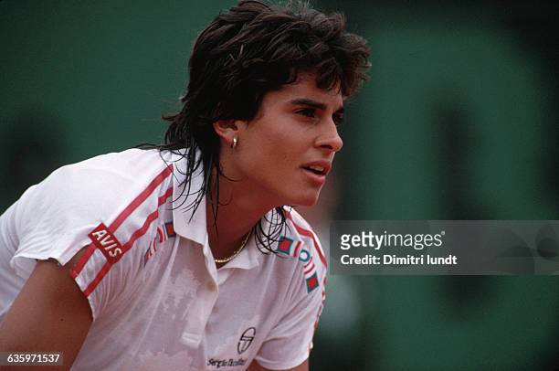 Gabriela Sabatini waits to receive serve during the 1988 French Open