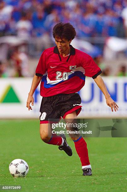 South Korean soccer player Hong Myung-Bo kicks the ball during a World Cup perliminary game against Japan in September 1997.