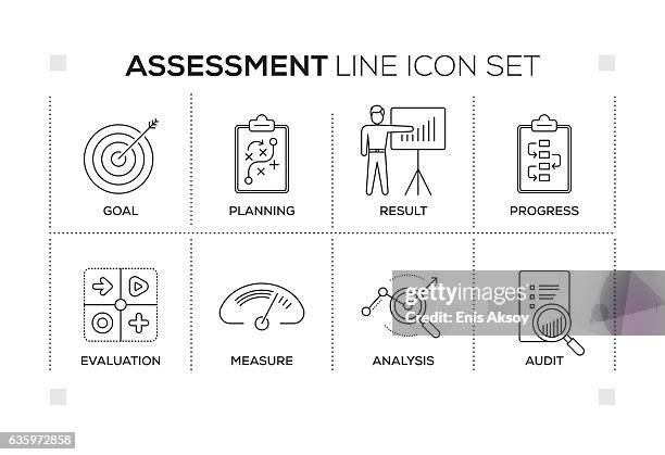 ilustrações, clipart, desenhos animados e ícones de palavras-chave de avaliação com ícones de linha monocromática - auditoria
