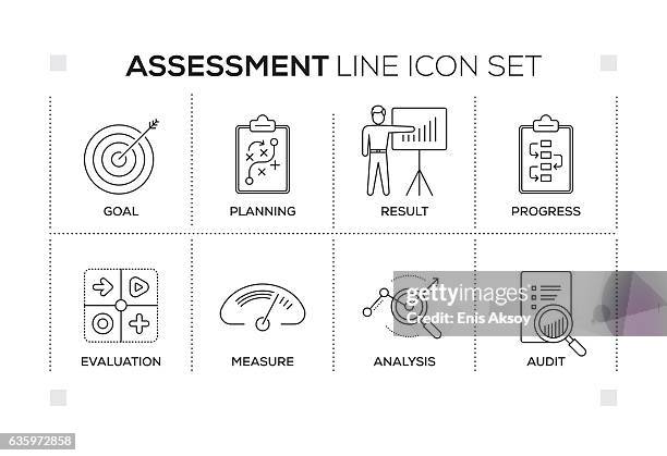 assessment keywords with monochrome line icons - small business strategy stock illustrations