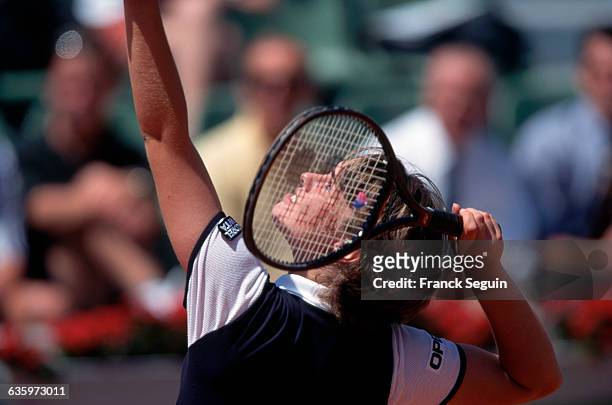 Swiss tennis player Martina Hingis competing in the the 1997 French Open.