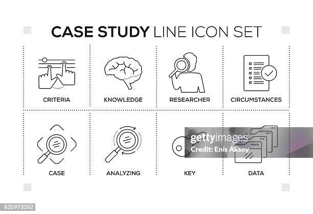 case study keywords with monochrome line icons - case study stock illustrations