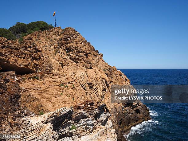 spanish flag on rocks near sa tuna, gerona - baix empordà foto e immagini stock