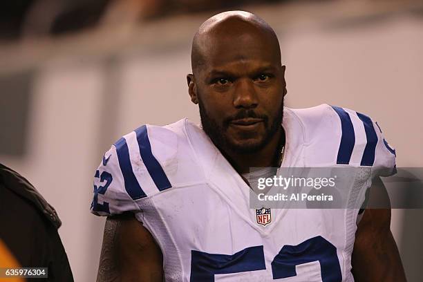 Linebacker D'Qwell Jackson of the Indianapolis Colts follows the action against the New York Jets during their game at MetLife Stadium on December 5,...