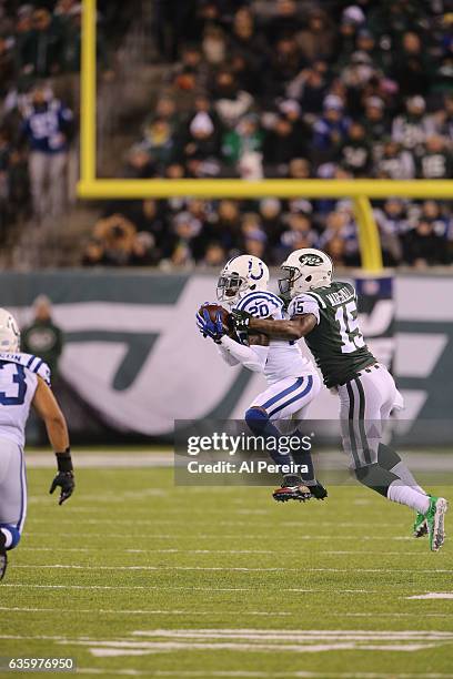 Cornerback Darius Butler of the Indianapolis Colts has an interception against the New York Jets during their game at MetLife Stadium on December 5,...