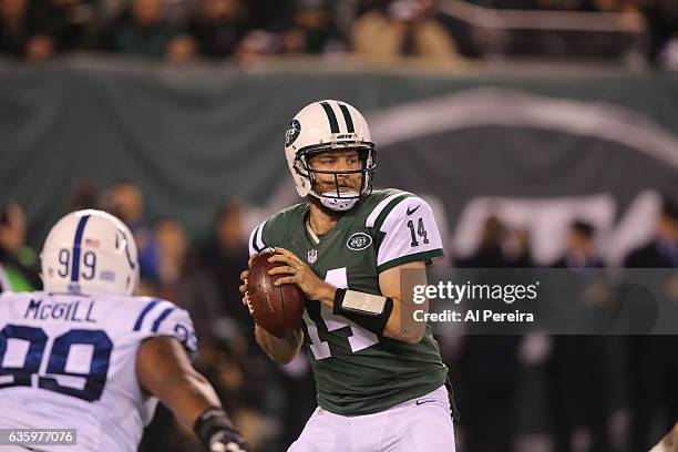 Quarterback Ryan Fitzpatrick of the New York Jets passes the ball against the Indianapolis Colts during their game at MetLife Stadium on December 5,...