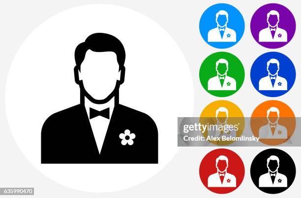 man wearing bow tie icon on flat color circle buttons - orange bow tie stock illustrations
