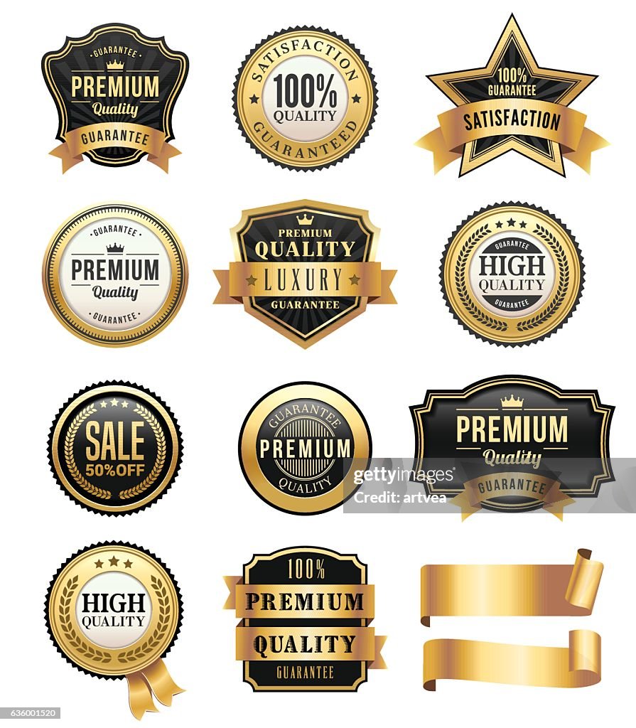 Gold badges seal quality labels. Sale medal badge premium stamp golden  genuine emblem guarantee round vector set Stock Vector