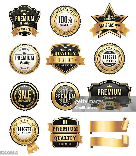 gold badges and ribbons set - gold seal stamp stock illustrations