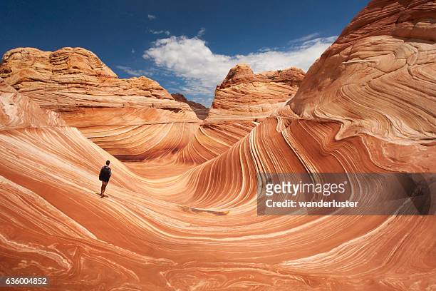 excursionista solitario en la ola de arizona - imponente fotografías e imágenes de stock