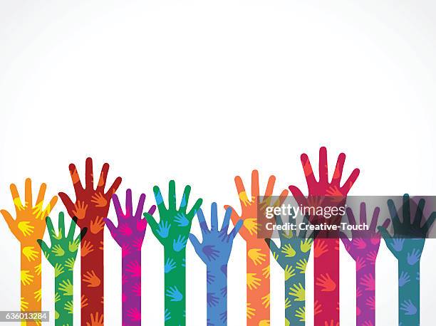 multicolored human hands - refugee school stock illustrations