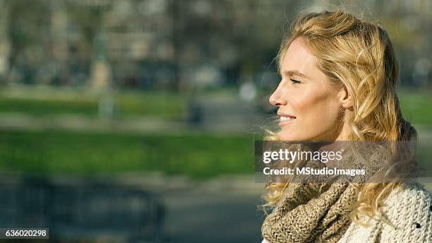 profile of an beautiful blondy smiling woman looking away - beautiful woman profile stock pictures, royalty-free photos & images