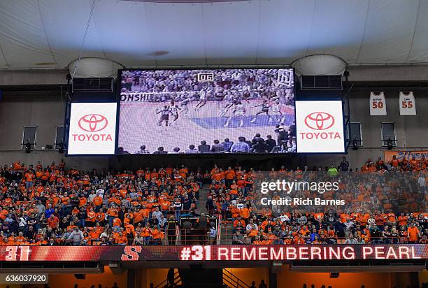 General view of the video board during a halftime presentation to honor former player Pearl Washington against the Georgetown Hoyas at the Carrier...