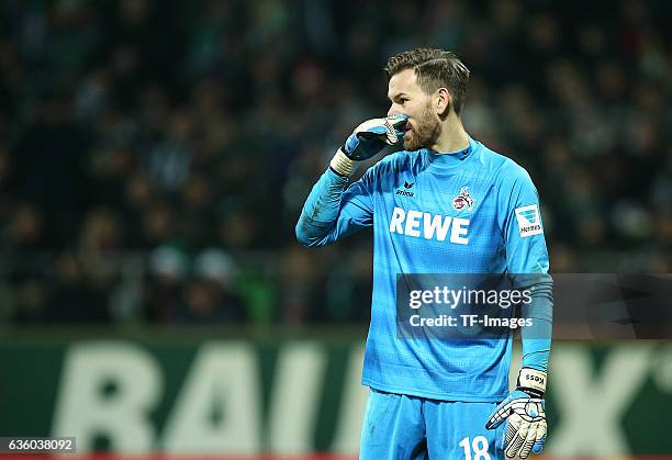 Goalkeeper Thomas Kessler of Cologne gestures during the Bundesliga match between Werder Bremen and 1. FC Koeln at Weserstadion on December 17, 2016...